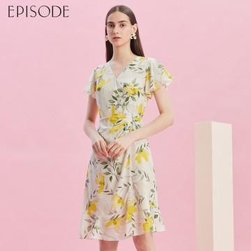 EPISODE - 輕柔舒適蠶絲印花短袖洋裝E43728（黃）