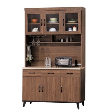 MUNA家居  麥納得淺胡桃4尺仿石面餐櫃/碗盤櫃/全組(006+003)  120.9X43X201.7cm