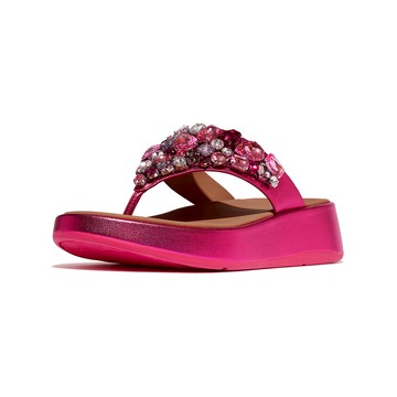 F-MODE華麗寶石金屬皮革厚底夾腳涼鞋-紫紅色