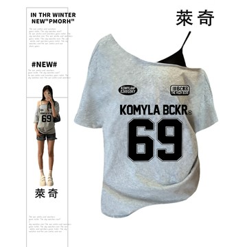 美式復古辣妹 斜肩上衣 寬鬆短袖 短袖女 灰色上衣 oversize T恤 美式短袖 辣妹上衣 y2k 上衣 甜辣風
