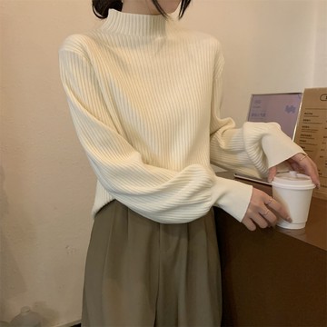 韓版半高領燈籠袖毛衣女軟糯寬鬆打底針織衫