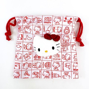 asdfkitty*KITTY復古紅格束口袋/立體大臉收納袋/置物袋/禮物袋-日本正版商品