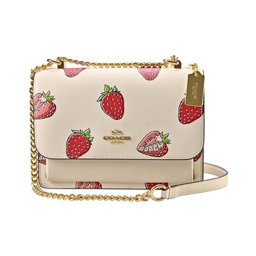 COACH草莓印花素面白堊色皮革內雙層鍊帶方型斜背包