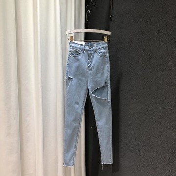 2024春夏款韓版修身顯瘦高腰大破洞小腳緊身提臀牛仔褲女鉛筆褲薄