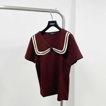 HONOR雙線海軍蝶結領短袖上衣-紅