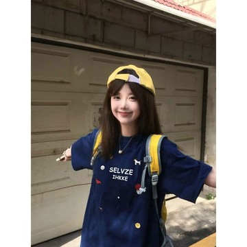 臺灣/✨ 短袖 T恤 寬鬆上衣 100_不起球美式藏藍色短袖t恤女2025設計感正肩學生寬松半袖上衣