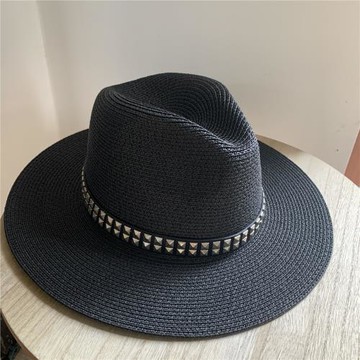 女夏天時尚草編鉚釘男士黑色帽子