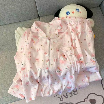 新款睡衣女睡衣雲朵棉長袖長褲卡通KT貓可愛學生家居服套裝春秋裝睡衣可愛睡衣居家睡衣寬鬆睡衣睡衣女套裝