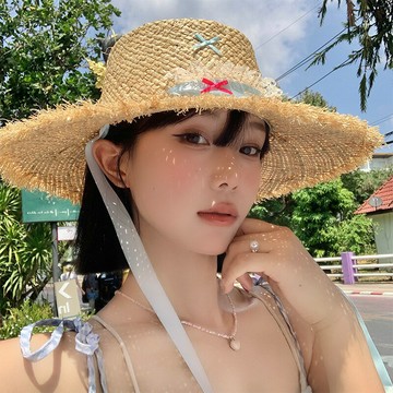 法式蝴蝶結平頂拉菲草草帽女大帽檐夏度假海邊太陽帽子防曬遮陽帽