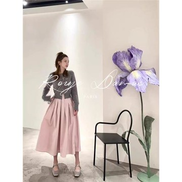 Rouje Damas灰色刺繡軟糯羊毛針織開衫女薄款溫柔高腰百褶半身裙