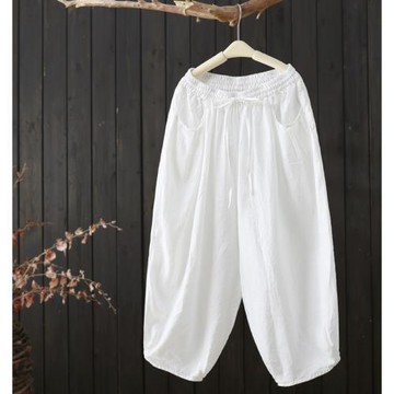 文藝范純色亞麻休閑褲女夏季2024新款寬松哈倫蘿卜褲棉麻九分褲女