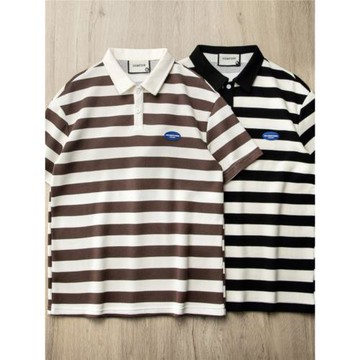 阿美咔嘰！珠地全棉！立體色織條紋！男士寬松廓形翻領短袖polo衫