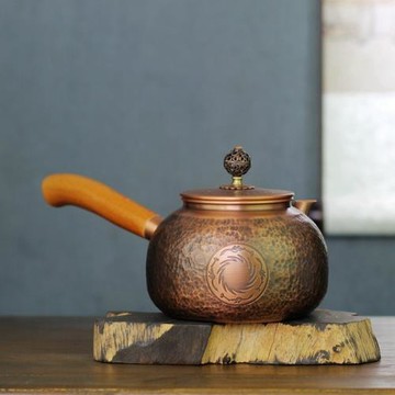 手工側把小壺錘紋雕花壺仿古錘目紋日式急須銅茶壺實木手柄廣水壺