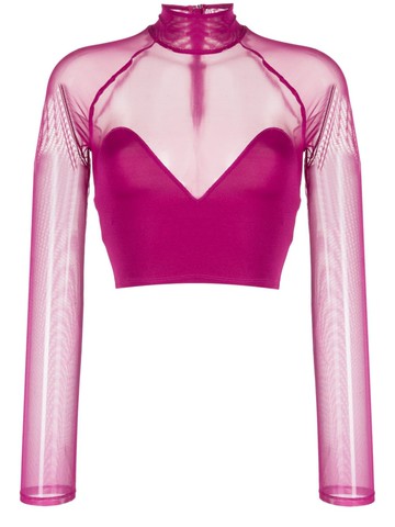 Fleur Du Mal - mesh mock-neck crop top - women - Nylon/Spandex/Elastane - M - Purple