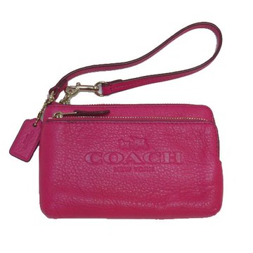 COACH 桃紅荔枝皮革馬車浮雕雙層手拿包