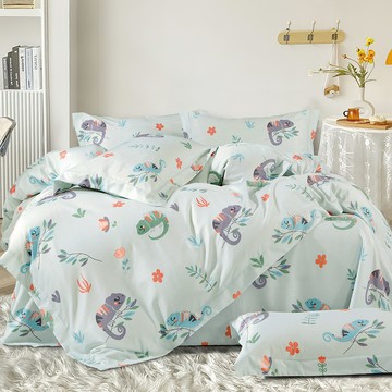 FOCA 吸濕排汗天絲涼被床包組 變色龍樂園 Queen Size  床包 + 涼被 + 枕套2個  雙人加大