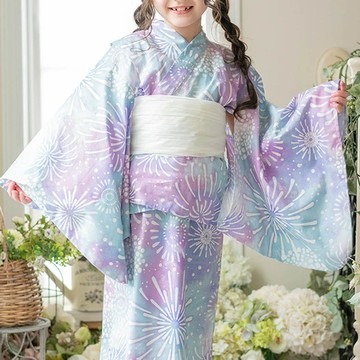 日本 Catherine Cottage - 夢幻2way純棉兵兒帶浴衣(可當洋裝)-水彩花火-藍紫