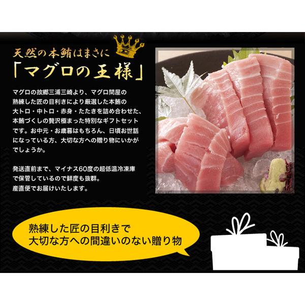 天然本マグロ詰合せセット（大トロ・中トロ・赤身　各100ｇ、醤油・わさび付）