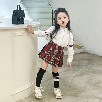 台灣出貨 女童格子短裙 學院風套裝 春秋新款韓版兒童學院風 高腰百褶裙 寶寶裙子 白色襯衫