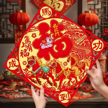 🔥臺灣出貨🔥2026年新春馬年高檔福字貼福字門貼 硬紙立體加大植絨貼紙可