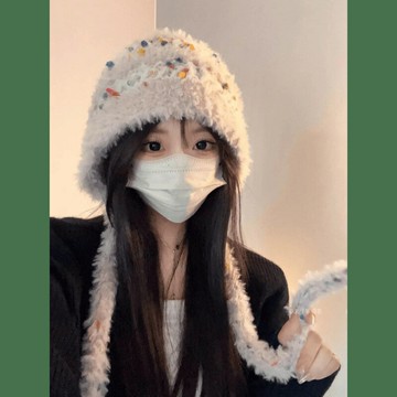 芝士彩虹糖豆毛絨漁夫帽子女秋冬季顯臉小加厚素顏保暖針織毛線帽