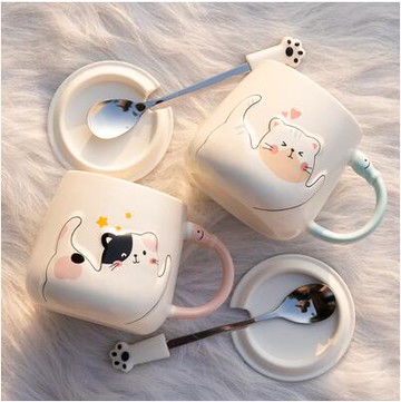 陶瓷馬克水杯子帶蓋勺貓咪創意家用日式男女情侶款一對牛奶咖啡杯 99購物節