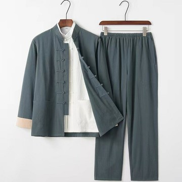 【巴黎精品】現貨+預購 新中式 唐裝漢服套裝三件套-中國風棉麻長袖休閒長褲男套裝7色a1bx61