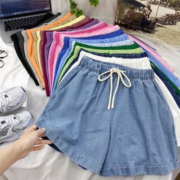 松緊腰做舊洗水棉卷邊牛仔短褲女夏寬松顯瘦百搭運動休閑闊腿熱褲