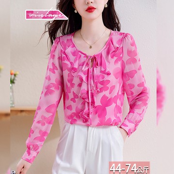 圓領挖空繫帶荷葉滾邊暈染印花上衣 M-3XL【392415X】【現+預】☆流行前線☆