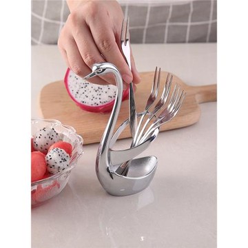 304不銹鋼水果叉創意蛋糕月餅甜品叉子可愛天鵝收納盒兒童水果簽