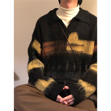 NAGAWL冬季美式復古慵懶風破洞設計感條紋針織衫polo領休閑毛衣男