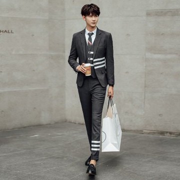 西裝外套西服套裝(三件套)-日系休閒線條設計伴郎男裝73hc45【獨家進口】【米蘭精品】