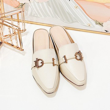 小方頭拼色羊皮穆勒鞋-氣質米