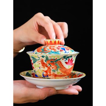 景德鎮手工掐絲琺瑯彩龍鳳三才蓋碗陶瓷單個泡茶碗功夫茶具敬茶碗