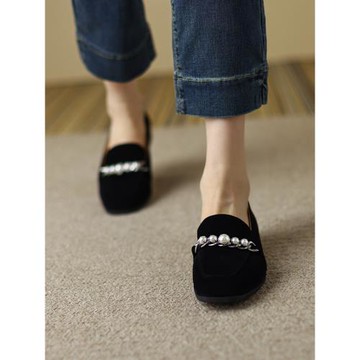 真皮樂福鞋女一腳蹬24秋冬新款平底單鞋圓頭舒適百搭手工黑色皮鞋