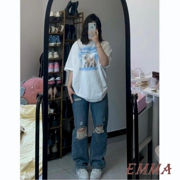150公斤特大碼胖mm復古破洞牛仔褲女 夏季新款 高腰寬鬆顯瘦直筒長褲 梨型身材 顯瘦牛仔褲 寬鬆闊腿褲 垂墜感寬褲長褲