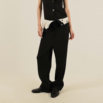 【NaSuBi Vintage】Upcycling反折褲頭條紋古著寬褲