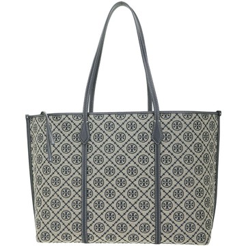 TORY BURCH T Monogram Perry 大款 緹花編織拼皮革可拆內層手提 肩背托特包(海軍藍)
