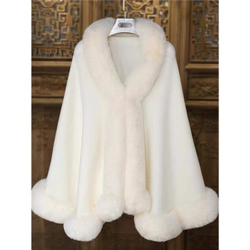 2024新款毛茸茸斗篷白色針織開衫披風毛絨領披肩外套配旗袍外搭冬