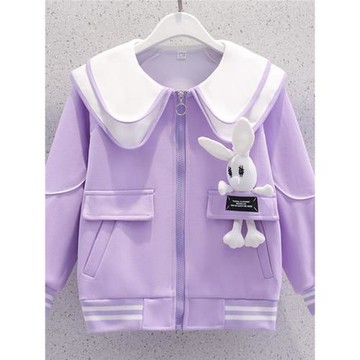 女童衛衣春秋款外套棒球服洋氣時髦中大兒童秋裝翻領卡通兔兔上衣