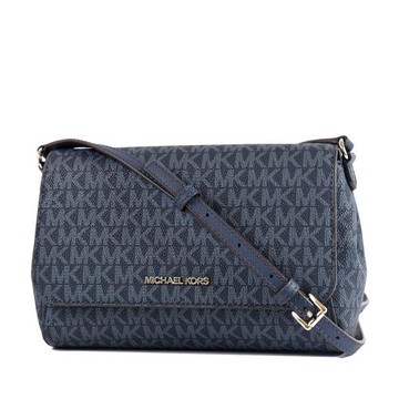 MICHAEL KORS 緹花LOGO防刮皮革磁吸翻蓋斜背包-海軍藍