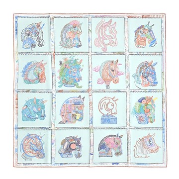 Hermes 愛馬仕 Chevaloscope 90 cm手工捲邊斜紋真絲方巾(水綠/珊瑚紅/藍)