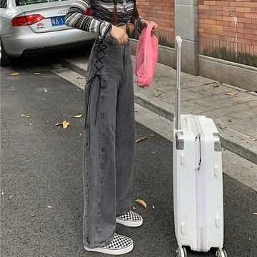 菸灰色綁帶牛仔褲女高腰直筒寬鬆顯瘦顯高大碼胖mm胯大腿粗闊腿褲 美式復古直筒牛仔褲女 高腰牛仔褲 女生長褲 小個子寬褲