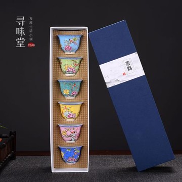 仿古扒花六杯套裝｜鳥語花香白瓷琺瑯彩品茗杯小茶杯家用茶具禮品