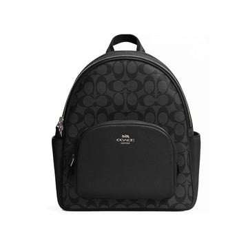 【COACH】金標馬車LOGO三層中大滿版防刮款 透氣後背包-黑灰色
