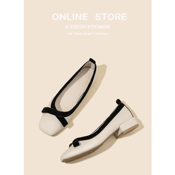 單鞋女淺口方頭軟皮粗跟奶奶鞋中跟春秋仙女瓢鞋蝴蝶結拼色豆豆鞋