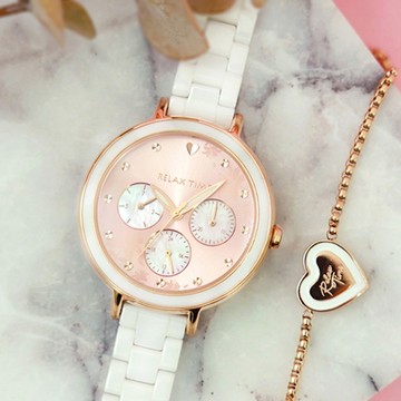 RELAX TIME 愛戀系列 陶瓷三眼腕錶-粉 / RT-91-3