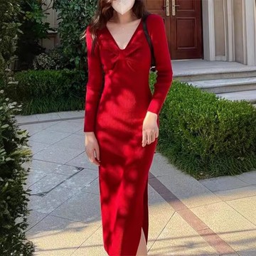 [巴黎精品] 洋裝針織連身裙-長袖法式褶皺V領女裙子3色w1ae60