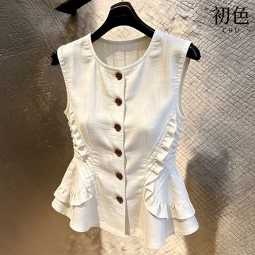 初色 法系圓領荷葉邊收腰單排釦無袖背心上衣女上衣-共2色-51609-(M-XL可選)