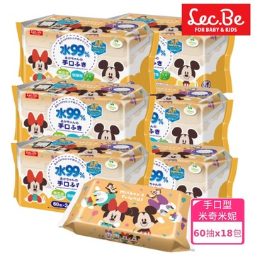 日本 LEC - 迪士尼口手專用純水99%濕紙巾-米奇米妮-18包入箱購組(免運)-60抽X18包入